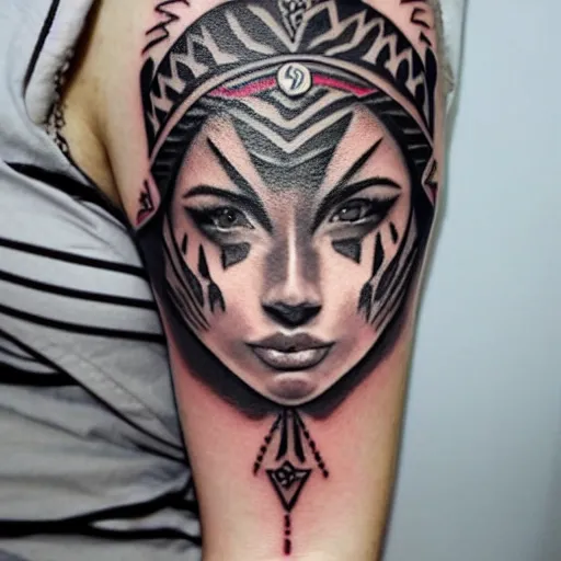 Image similar to tattoo design of a beautiful girl face, the girl is wearing a tiger head hat, hyper detailed, in the design of eliot kohek