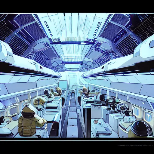 Image similar to one thousand aligned cryogenic pods, spaceship interior, symmetrical, sci-fi, cryogenic pods, many cryogenic pods, interior, 4k, wide shot, matte painting, oil painting, concept art, art station, style of Laurie Greasley and Satoshi Kon