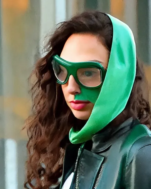 Prompt: headshot of gal gadot wearing a leather cap and aviator goggles, he is also wearing an yellow leather jacket, a long green silk scarf wrapped around her neck