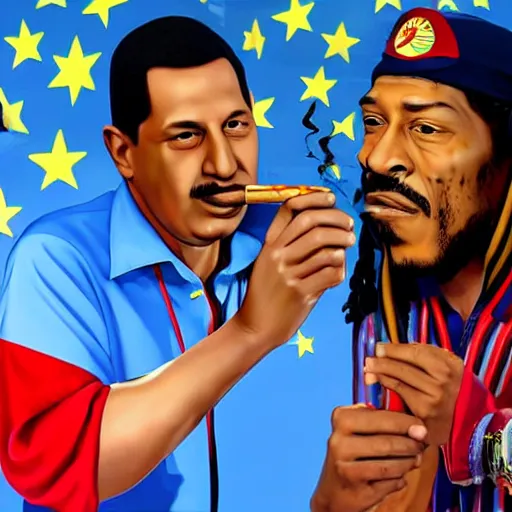 Image similar to hugo chavez smoking with snoop dog in a party inside a private jet, realistic render, award winning photography, very coherent, many details, venezuelan flag, detailed faces