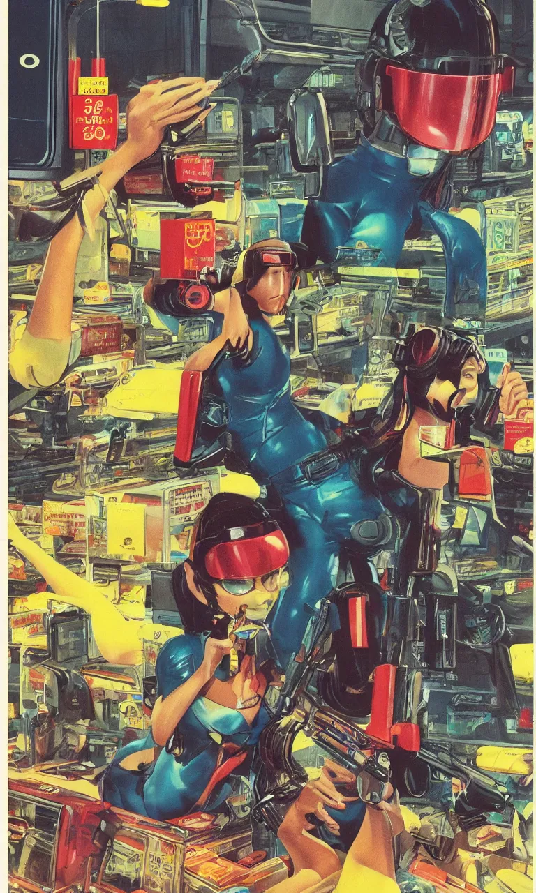 Prompt: 1979 OMNI Magazine Cover depicting a Beautiful woman wearing AR goggles in a grocery store. Cyberpunk Akira style by Vincent Di Fate