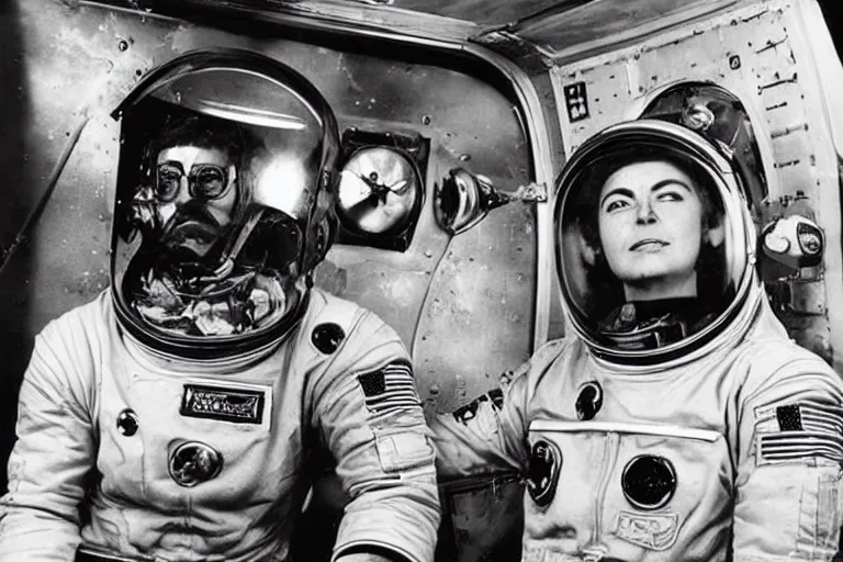 Image similar to space truckers in space, b / w photo, 1 9 6 0 s