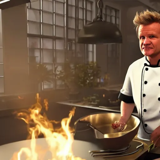 Image similar to unreal engine 5 photorealistic Gordon Ramsey cooking a unicorn in a pot in a intricate kitchen 4k