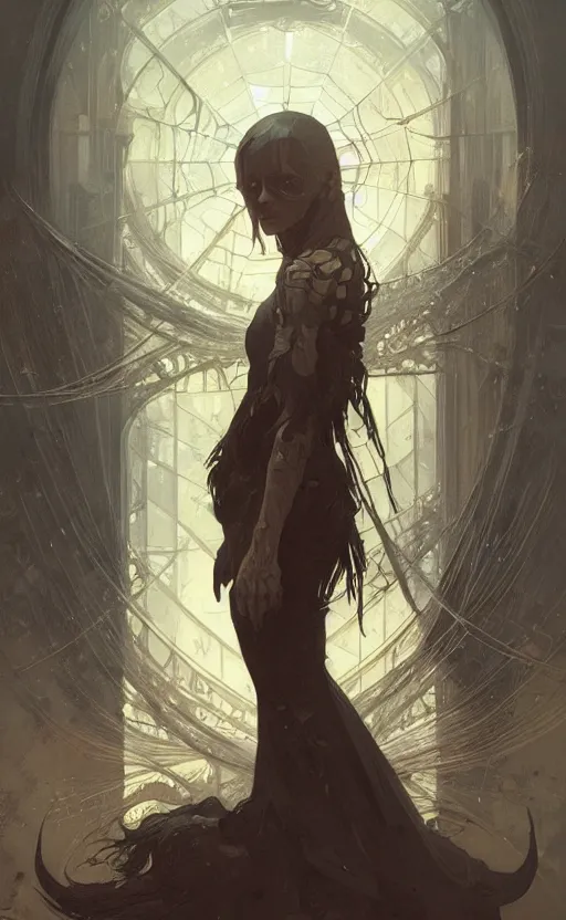 Prompt: a portrait of death, cobwebs, space, concept art, deep focus, intricate, highly detailed, digital painting, artstation, matte, sharp focus, illustration, art by greg rutkowski and alphonse mucha