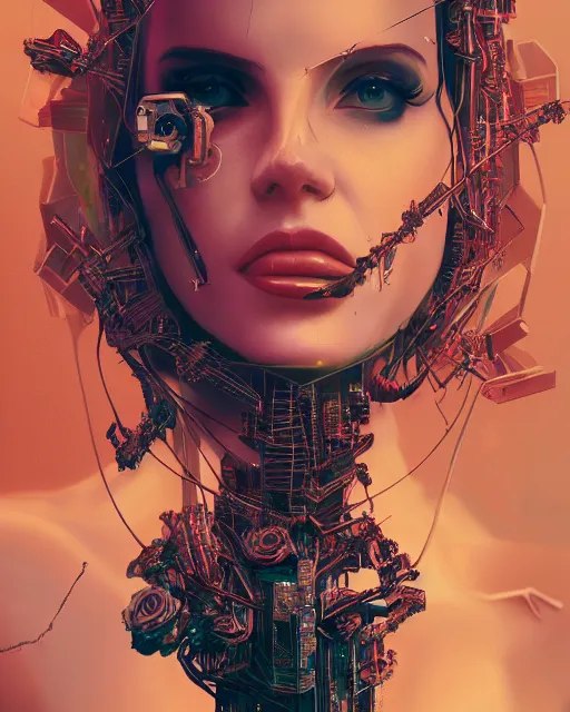 Image similar to portrait of lana del rey as a cyberpunk cyborg. roses, sci - fi, intricate abstract upper body intricate artwork, by tooth wu, wlop, beeple, dan mumford. concept art, octane render, deviantart, greg rutkowski, cinematic arthouse, key art, hyper realism, iridescent accents