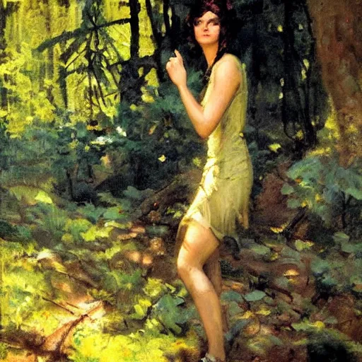 Image similar to young woman lost in a forest, by dean cornwell, sunlit