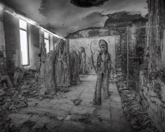 Image similar to camera footage of a several weeping angels, False Human Features, in an abandoned shopping mall, Psychic Mind flayer, Terrifying, Insanity :7 , high exposure, dark, monochrome, camera, grainy, CCTV, security camera footage, timestamp, zoomed in, Feral, fish-eye lens, Fast, Radiation Mutated, Nightmare Fuel, Ancient Evil, No Escape, Motion Blur, horrifying, lunging at camera :4 bloody dead body, blood on floors, windows and walls :5