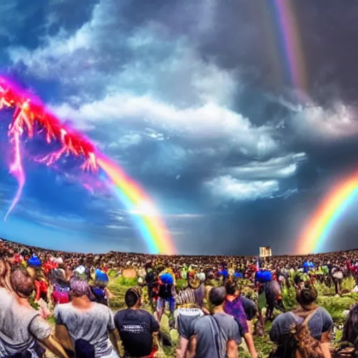 Image similar to Wide-angle shot of an epic sky battle between teams of dragons breathing rainbow fire at one another, over a weltering sea of magic.