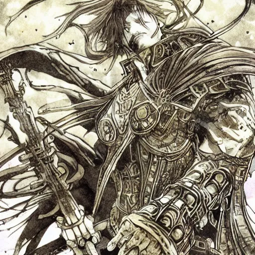 Image similar to a golden handsome magic swordsman with glides through a beautiful battlefield magic the gathering dramatic esoteric pen and ink illustrated in high detail by Yoshitaka Amano