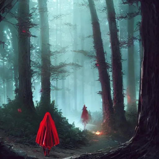 Image similar to little red riding hood on dark moonlight forest path, darkwave, darksynth, concept art, sharp, digital matte painting, art by, greg rutkowski, wlop, dramatic lighting, trending on artstation