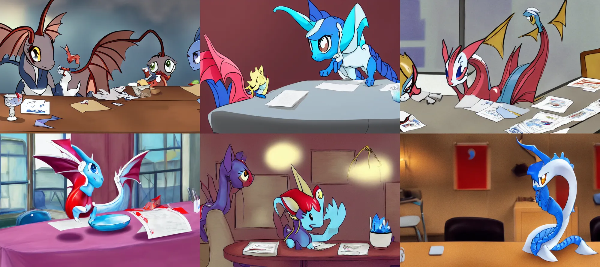 Prompt: dragonair wearing a headset at a table with paper in front of them by rosko