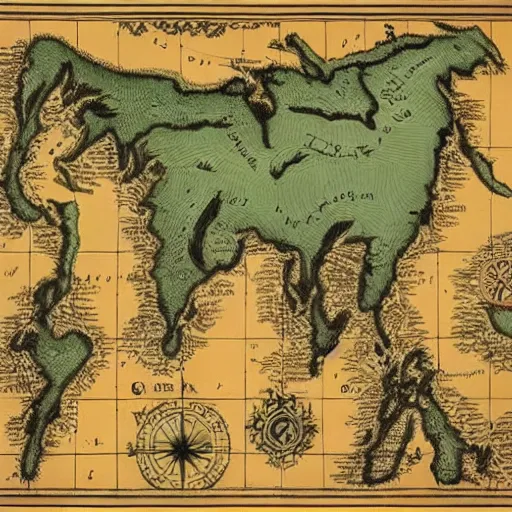 Prompt: an illustrated fantasy map. map of a continent. illustrated points of interest.