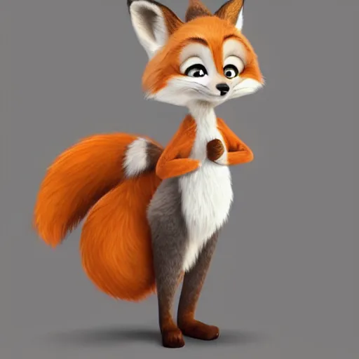 Image similar to anthropomorphic female fox with short white fur covering her body in the style of zootopia