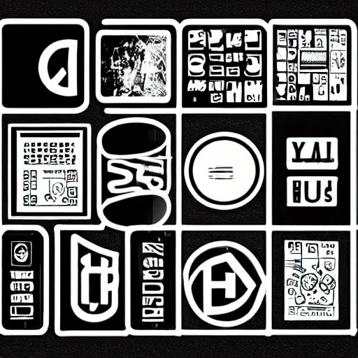 Image similar to black on white graphic design stickers in style of eric hu, y 2 k, brutalism, acid, techno