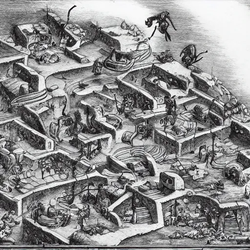 Prompt: anthromorphic humanoid ants building a city. epic game landscape shot. Beautifully detailed pen and ink drawing on parchment, D&D art by Michelangelo