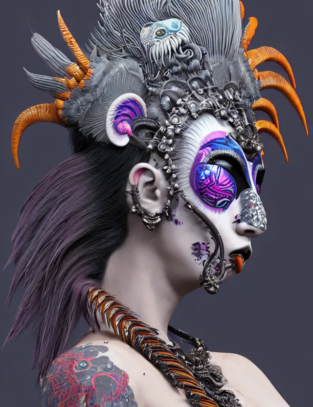 Image similar to 3 d photo realistic goddess close - up profile portrait punk with mohawk with ram skull. beautiful intricately detailed japanese crow kitsune mask and clasical japanese kimono. betta fish, jellyfish phoenix, bio luminescent, plasma, ice, water, wind, creature, artwork by tooth wu and wlop and beeple and greg rutkowski