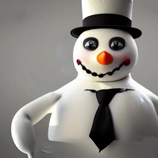 Image similar to a highly detailed humanoid snowman in business suit with black eyes and mouth, no nose, hyperrealism, professional, octane render, full length, digital art