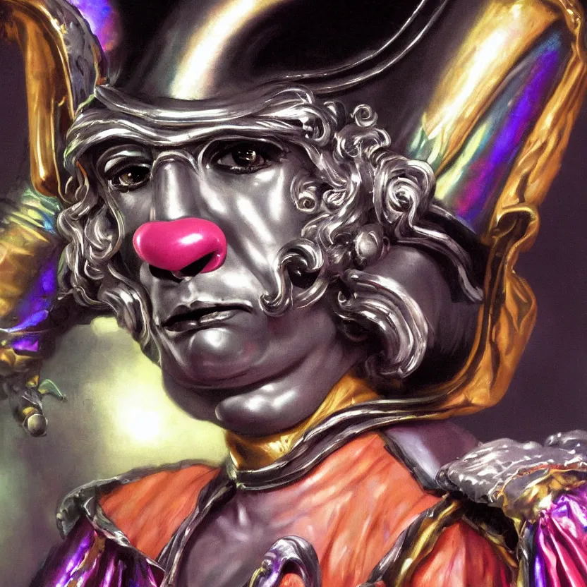 Prompt: baroque neoclassicist close - up portrait of a retrofuturistic blacklight dark alien clown wearing an iridescent silver venetian carnival mask. dark background, glowing circus atmosphere. highly detailed science fiction painting by norman rockwell, frank frazetta, and syd mead. rich colors, high contrast, gloomy atmosphere. trending on artstation and behance.