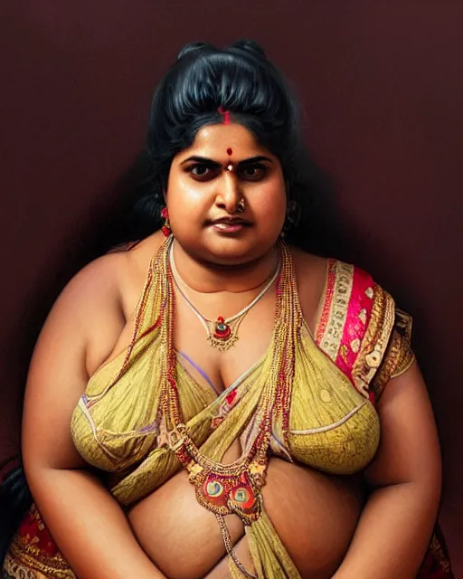 Prompt: Portrait of very very very very obese indian woman, real life skin, intricate, elegant, highly detailed, artstation, concept art, smooth, sharp focus, art by artgerm and greg rutkowski and alphonse mucha