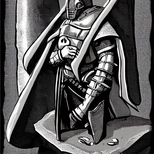 Image similar to medieval man with armor crying concept art in the style of mike mignola high detailed