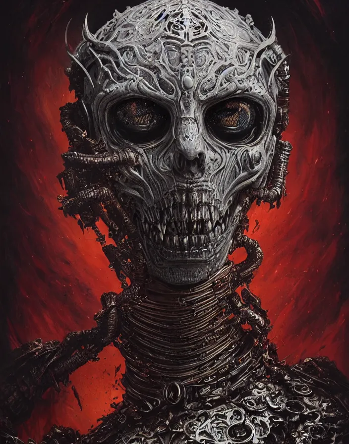 Image similar to art portrait of an undead kingof hell, intricate detailed armour ,8k,by tristan eaton,Stanley Artgermm,Tom Bagshaw,Greg Rutkowski,Carne Griffiths, Ayami Kojima, Beksinski, Giger,trending on DeviantArt,face enhance,hyper detailed,minimalist,cybernetic, android, blade runner,full of colour,