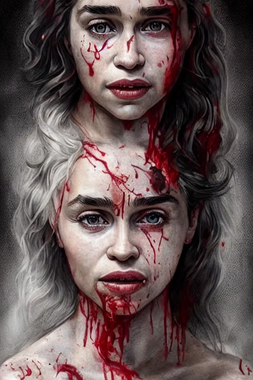 Prompt: woman covered with blood, covered with tattoo, emilia clarke face!!!, masterpiece portrait, long white hair, highly detailed face, ultra realistic, concept art, intricate details, highly detailed, photorealistic, octane render, 8 k, unreal engine. retro film still, heavy grain, 3 5 mm, art by artgerm and greg rutkowski and alphonse mucha