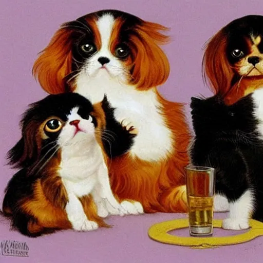 Prompt: Cavalier King Charles Spaniel, two ragdoll kittens and one black cat drinking beer in the style of norman rockwell