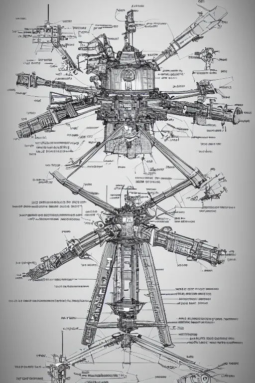 Prompt: aesthetically pleasant technical drawing of an open - source nuclear weapon machinery, hyperdetailed, complex, intricate, exploded view!!, 4 k, trending on artstation