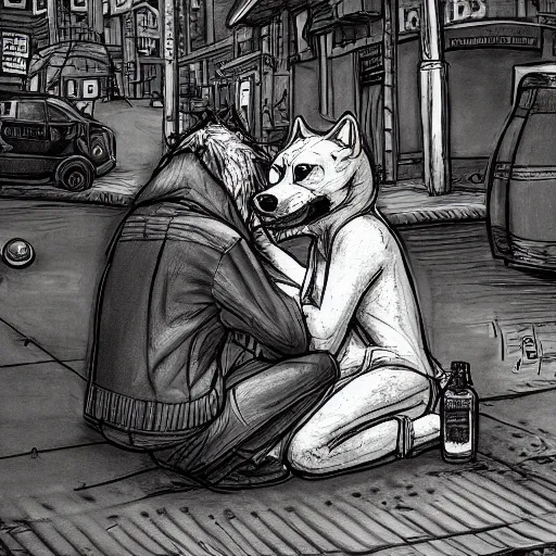 Image similar to photography of hobo artist drawing furries for booze on the dirty street. symmetry, awesome exposition, very detailed, highly accurate, intricate, professional lighting diffracted lightrays, studio photo, 8 k, sense of awe