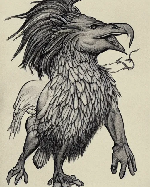 Image similar to human / eagle / lion / ox hybrid with two horns, one big beak, mane, human body. drawn