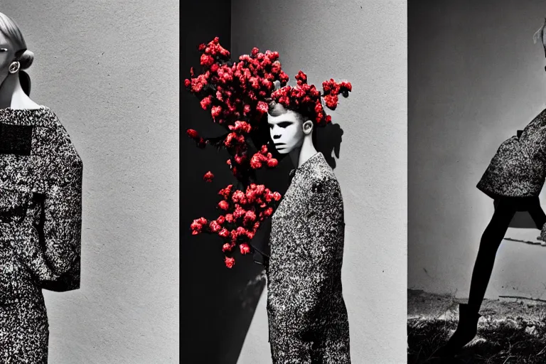 Image similar to fashion editorial photography in a world with brutalist architecture overgrown with flowers