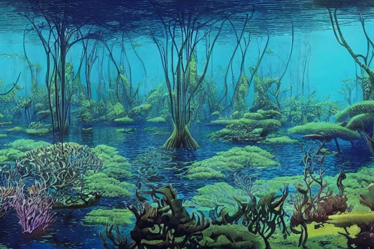 Prompt: Fantastical underwater forest by Eywind Earle and Moebius
