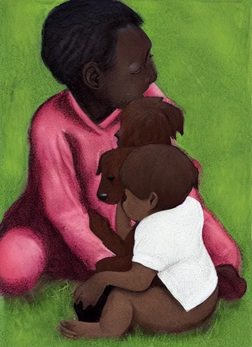 Image similar to “a red-haired child with dark skin playing with a puppy in the garden in the style of Mary Engelbreit”