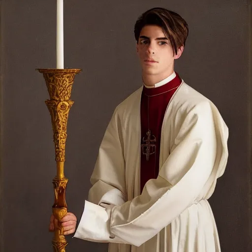 Prompt: attractive kai havertz wearing priest outfit holding large detailed ivory candlestick. natural lighting by ruan jia, portrait. 8 k high definition