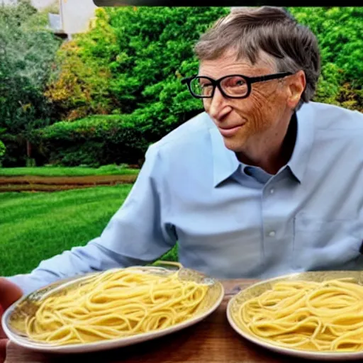 Prompt: bill gates puts pasta in his lawnmover