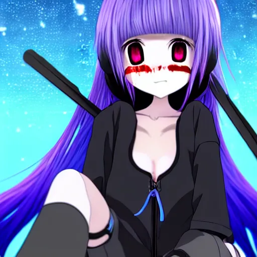 Image similar to A cute young real life 3D anime girl with long blueish violet hair, she is laying on her back, view from her feet, unique camera angle pointing at her face from her feet, wearing a black reaper hood with black pants, a bloody scythe is laying next to her foot, in a dark field, laying on her back, full body, dark and moody lighting, night time