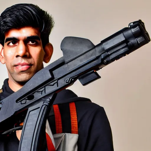 Image similar to Medium shot photograph of Rishi Sunak holding an AK-47, 8k, ultrahd