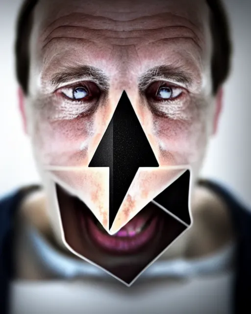 Prompt: scary photo of a man with equilateral triangle instead of his mouth, hyperrealism, bokeh, 8k, trending on