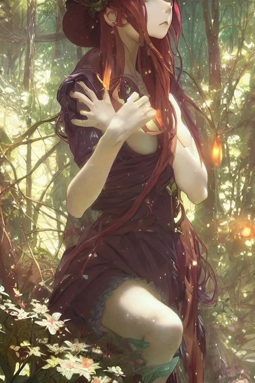 Image similar to anime key visual of a beautiful young female scarlette witch intricate, magical forest, stunning, highly detailed, digital painting, artstation, smooth, hard focus, illustration, art by artgerm and greg rutkowski and alphonse mucha