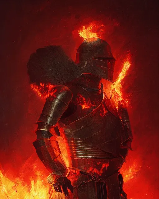 Image similar to Hyper realistic painting of a knight with armor made out of flaming embers, cracks in the armor, reflected light, red lighting, dark fantasy, fog, by greg rutkowski, trending on artstation