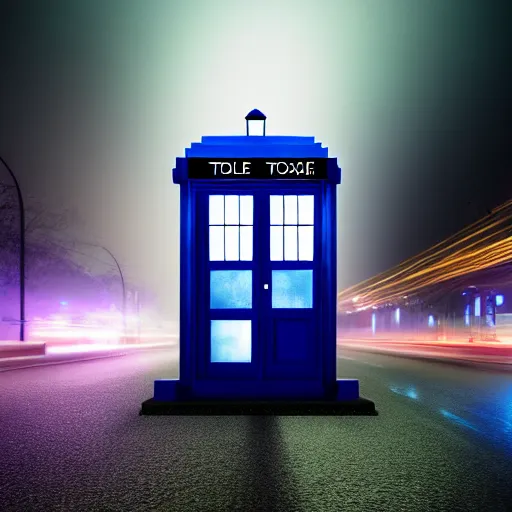 Image similar to a hyperdetailed photograph of the tardis sat on a futuristic street corner, night, dense fog, rain, hd, 8 k resolution