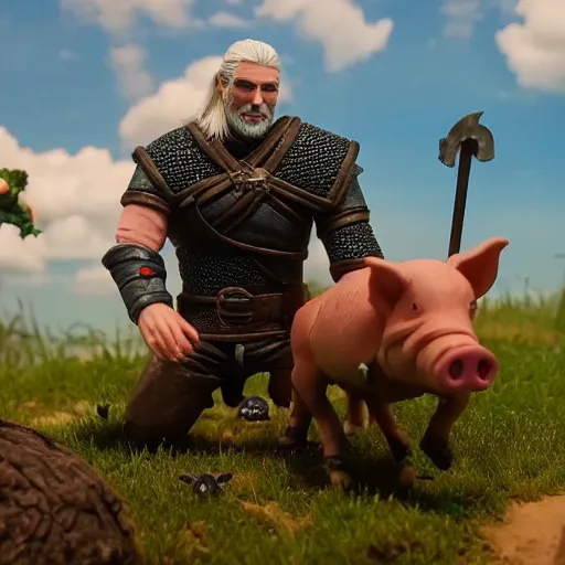 Prompt: witcher riding on pig, claymation, cinematic, 8 k,