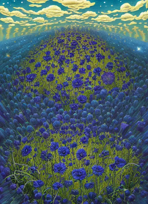 Image similar to detailed, intricate blue black and purple papaverum flower on the field, nebula, galaxy in the sky, winning award masterpiece, fantastically beautiful, illustration, aestheticly inspired, jacek yerka, upscale with anguissola sofonisba work, artstation, 8 k