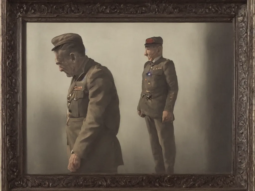 Prompt: An old man gazing sadly at a framed vintage photo of a younger man in a military outfit, stylized, trending on Artstation, oil on canvas, realism, gloomy