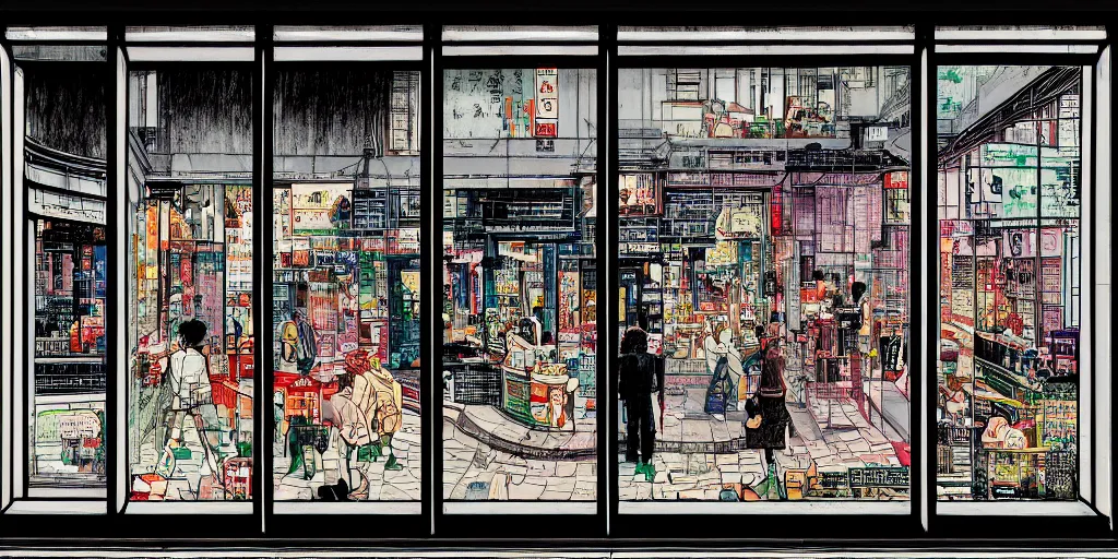 Prompt: through the window is a shop window in hong kong, by dan mumford and peter doig and edward hopper, minimal, black ink, thick lines, minimal highly detailed, muted colours, overlaid with chinese adverts, 8 k