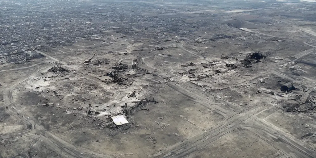 Prompt: aerial view of a bombed air base, craters, destruction, damaged planes, hyperrealistic, photorealistic, detailed