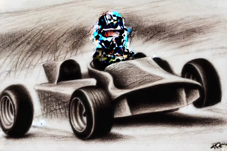 Prompt: kart racing, dusty track, dramatic, realistic pencil drawing, in color