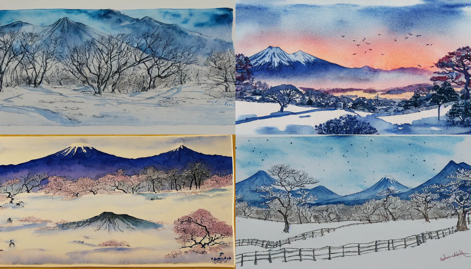 Prompt: japan, sunrise, countryside, pagodes, mountains, winter, snow, trees, mountains, medium: watercolor and ink
