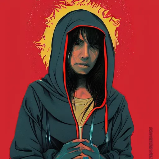 Image similar to portrait of a witch fire with hoodie by Sachin Teng and wlop