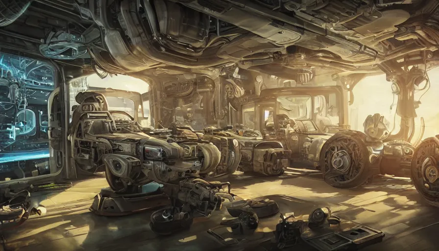 Prompt: the inside of a futuristic mechanic spaceshop coc, highly detailed interior, half - finished robot, holographic screen in center frame by peter mohrbacher, dieselpunk, firefly, cryengine render, hyper realism, realistic shading, cinematic composition, realistic render, octane render, detailed textures, photorealistic, wide shot, fanciful, colorful